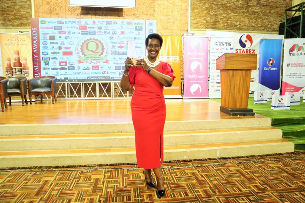 Hon. Amelia Kyambadde celebrating after receiving a Life Time Achievement Award from East Africa Brand Quality Awards 2022 Hon. Amelia Kyambadde celebrating after receiving a Life Time Achievement Award from East Africa Brand Quality Awards 2022