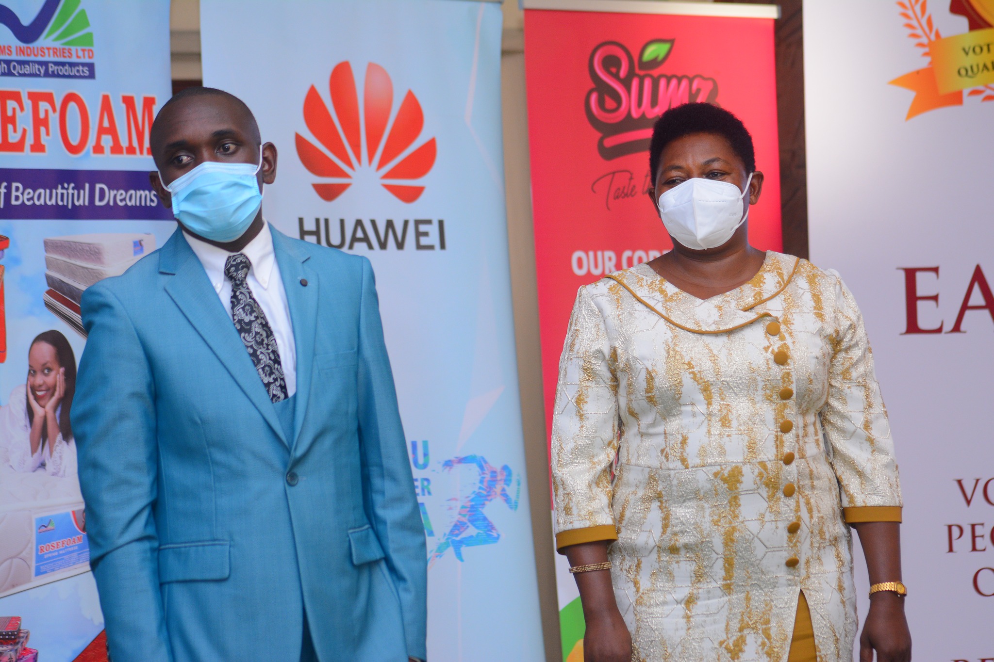 Hon. Ntabazi Harriet, State Minister- Ministry of Trade, Industries & Cooperatives together with Amb. Patrick Nsubuga the East Africa Brand Quality Awards 2021